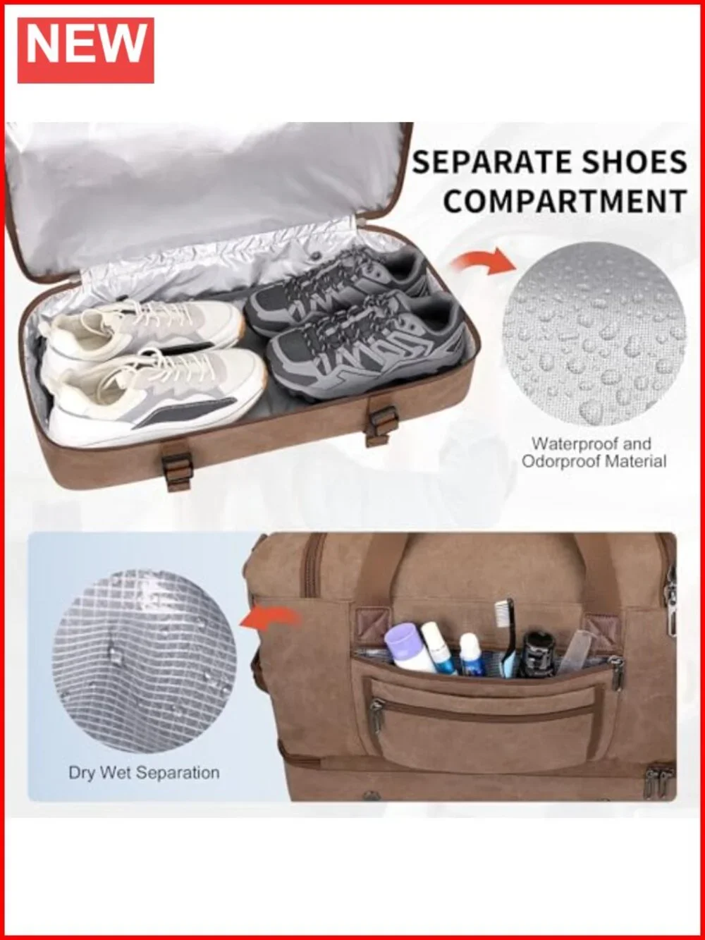 Canvas Duffle Bag 50L Weekend Travel with Shoe Compartment and Toiletry Bag